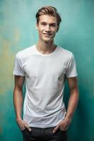 Swedish Ectomorph Skinny College Boy, Chic, Polished, White Oversized T-Shirt 3D Rendering, Suitable For Design Mockups And Print Applications for Corporate, Community, Technology photo
