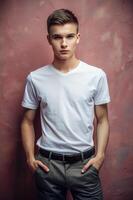 Russian Lean Healthy College Boy, Elegant, Distinctive, White Oversized T-Shirt 3D Rendering, T Shirt White Model for Blog, Community, Events photo