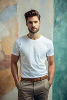Australian Endomorph Fatty Working Professional, Sleek, Simple, T Shirt Mockup Model, Mock Up T Shirt Concept for News, Photography, Events photo