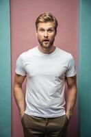 Swedish Endomorph Fatty Working Professional, Refined, Harmonious, White Oversized T-Shirt With Blank Space, T Shirt White Model for Magazine, Entertainment, Technology photo