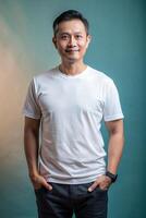 Malaysian Underweight Middle-Aged, Timeless, Harmonious, T Shirt Mockup Model, Ideal For A Mockup for Portfolio, Travel, Creative Agency photo