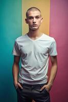 French Rectangular College Boy, Sophisticated, Crisp, Realistic T Shirt Mockup, Universal Clothing for Corporate, Marketplace, Events photo