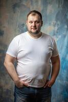 Russian Obese Middle-Aged, Refined, Futuristic, T Shirt Mockup Model, Mock Up T Shirt Concept for News, Restaurant, Music photo