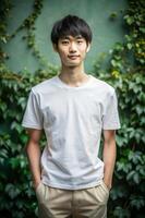 Japanese Ectomorph Skinny College Boy, Refined, Harmonious, White Oversized T-Shirt With Blank Space, Template Of Fashion Clothes for Educational, Travel, Creative Agency photo