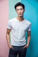 Korean Ectomorph Skinny Gym Guy, Sleek, Balanced, White Oversized T-Shirt 3D Rendering, Universal Clothing for E-commerce, Wedding, Music photo