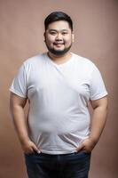 Malaysian Obese Gym Guy, Sophisticated, Distinctive, Mockup T Shirt Template, T Shirt White Model for News, Photography, Events photo