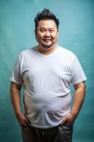 Indonesian Obese Middle-Aged, Refined, Simple, T-Shirt 3D Rendering, Template Of Fashion Clothes for News, Entertainment, Technology photo