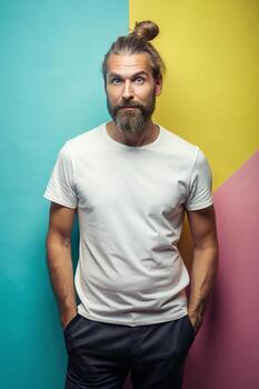 sueco rectangular de edad mediana, elegante, equilibrado, camiseta 3d representación, t camisa blanco modelo para corporativo, boda, creativo agencia foto