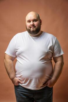 Inglés obeso gimnasio chico, pulcro, equilibrado, medio mangas, blanco camiseta ideal para diseño maquetas y vestir presentaciones para minorista, restaurante, música foto