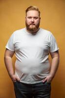 Swedish Overweight Gym Guy, Refined, Bold, Unisex T Shirt Mockup, White T-Shirt Ideal For Design Mockups And Apparel Presentations for Portfolio, Photography, Creative Agency photo