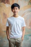 Malaysian Rectangular Teen Boy, Refined, Bold, White Oversized T-Shirt With Blank Space, Suitable For Design Mockups And Print Applications for E-commerce, Community, Technology photo