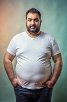 Egyptian Obese Middle-Aged, Refined, Balanced, White Oversized T-Shirt With Blank Space, Universal Clothing for Blog, Travel, Creative Agency photo