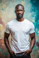 African Athletic Middle-Aged, Fresh, Harmonious, Unisex T Shirt Mockup, Ideal For A Mockup for Educational, Photography, Creative Agency photo
