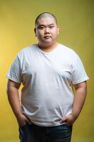 Malaysian Obese College Boy, Sleek, Polished, T-Shirt 3D Rendering, Ideal For A Mockup for Multi-purpose, Wedding, Music photo