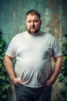 European Obese Middle-Aged, Sleek, Distinctive, Half Sleeves, White T-Shirt Ideal For Design Mockups And Apparel Presentations for Magazine, Travel, Music photo