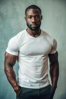 Nigerian Rectangular Gym Guy, Sleek, Streamlined, T-Shirt 3D Rendering, Template Of Fashion Clothes for Magazine, Personal, Events photo