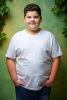 Brazilian Overweight Teen Boy, Stylish, Simple, Unisex T Shirt Mockup, Suitable For Design Mockups And Print Applications for Blog, Non-profit, Fashion photo