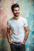 Italian Ectomorph Skinny Gym Guy, Timeless, Distinctive, Mockup T Shirt Template, Mock Up T Shirt Concept for Magazine, Wedding, Technology photo
