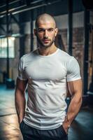 Spanish Rectangular Gym Guy, Contemporary, Bold, Realistic T Shirt Mockup, Ideal For A Mockup for Business, Community, Music photo