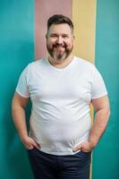Australian Overweight Middle-Aged, Fresh, Distinctive, White Oversized T-Shirt With Blank Space, T Shirt White Model for Educational, Non-profit, Creative Agency photo