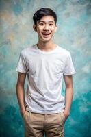 Malaysian Lean Healthy Teen Boy, Chic, Simple, White Oversized T-Shirt 3D Rendering, White T-Shirt Ideal For Design Mockups And Apparel Presentations for Corporate, Personal, Creative Agency photo