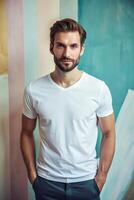Greek Ectomorph Skinny Working Professional, Sophisticated, Futuristic, Half Sleeves, White T-Shirt Ideal For Design Mockups And Apparel Presentations for E-commerce, Non-profit, Technology photo