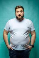 English Overweight Gym Guy, Stylish, Polished, White Oversized T-Shirt With Blank Space, Ideal For A Mockup for Educational, Travel, Music photo