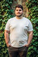 Italian Obese College Boy, Chic, Distinctive, Mockup T Shirt Template, Suitable For Design Mockups And Print Applications for E-commerce, Restaurant, Events photo
