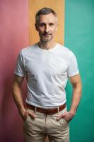Russian Ectomorph Skinny Middle-Aged, Chic, Simple, White Oversized T-Shirt 3D Rendering, Template Of Fashion Clothes for Educational, Entertainment, Music photo