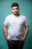 Turkish Overweight College Boy, Elegant, Polished, Unisex T Shirt Mockup, Ideal For A Mockup for News, Photography, Technology photo