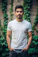 Mexican Underweight Working Professional, Sophisticated, Streamlined, Mockup T Shirt Template, White T-Shirt Ideal For Design Mockups And Apparel Presentations for Educational, Health and Fitness photo