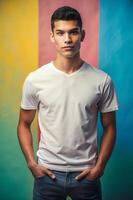 Brazilian Ectomorph Skinny College Boy, Elegant, Polished, T-Shirt 3D Rendering, Universal Clothing for Business, Entertainment, Events photo
