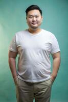 Vietnamese Overweight Adult, Elegant, Bold, T-Shirt 3D Rendering, Mock Up T Shirt Concept for E-commerce, Entertainment, Creative Agency photo
