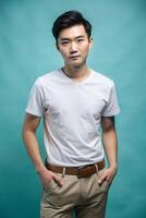 Vietnamese Endomorph Fatty College Boy, Refined, Futuristic, Half Sleeves, White T-Shirt Ideal For Design Mockups And Apparel Presentations for Magazine, Travel, Technology photo