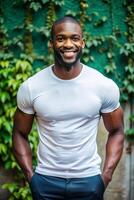 South African Mesomorph Musculargym Gym Guy, Chic, Futuristic, T Shirt Mockup Model, Suitable For Design Mockups And Print Applications for Educational, Community, Creative Agency photo