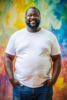 nigeriano obeso de edad mediana, elegante, armonioso, blanco de gran tamaño camiseta con blanco espacio, adecuado para diseño maquetas y impresión aplicaciones para portafolio, viajar, eventos foto