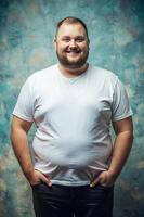 European Obese Working Professional, Sophisticated, Polished, Realistic T Shirt Mockup, T Shirt White Model for Business, Wedding, Music photo