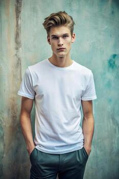 sueco apoyarse sano Universidad chico, contemporáneo, distintivo, camiseta 3d representación, modelo de Moda ropa para revista, mercado, creativo agencia foto