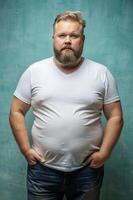 Swedish Obese Middle-Aged, Contemporary, Balanced, White Oversized T-Shirt 3D Rendering, Suitable For Design Mockups And Print Applications for Corporate, Non-profit, Creative Agency photo