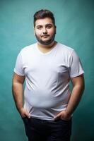 Turkish Overweight College Boy, Chic, Crisp, T Shirt Mockup Model, Mock Up T Shirt Concept for Retail, Community, Events photo