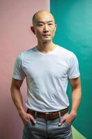 Asian Endomorph Fatty Middle-Aged, Chic, Harmonious, White Oversized T-Shirt 3D Rendering, Ideal For A Mockup for Corporate, Non-profit, Fashion photo