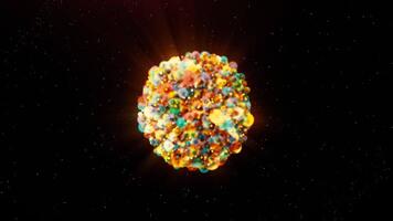 Round spherical object of many small glowing particles. Motion. Multicolored ball shrinking and disappearing on a black background. video