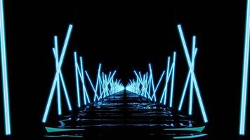 Moving 3d corridor with neon lines in dark. Design. Gloomy path in cyberspace with neon lines. Neon lines illuminate dark path in virtual space video