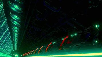 Flying inside sci fi tunnel with glowing lights. Motion. Technological corridor, alien technologies. video