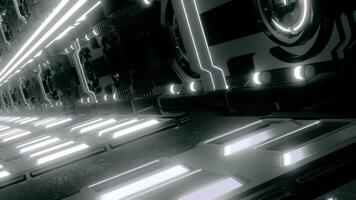 Technological tunnel with neon lines and pipes. Motion. Futuristic 3D space with glowing lines and technologies. Spaceship Tunnel with neon lines. Cyberpunk video