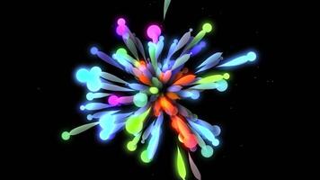 Black background with shiny multicolored abstraction . Motion . Lines of different sizes that fly like fireworks and spread out, filling up all the free space and making it multicolored. video