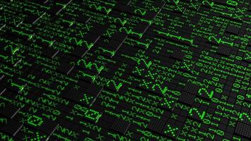 Background with surface of squares and code. Motion. Computer surface with squares and matrix code. Squares with matrix code and symbols video