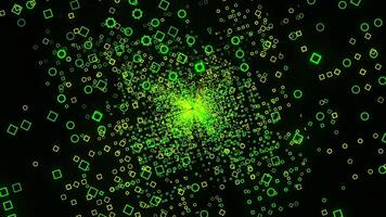 Rotating squared matrix field on a black background. Design. Green squared silhouettes spinning with matrix effect. video