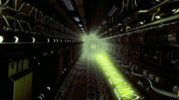 vôo para dentro nave espacial túnel, ficção científica nave espacial corredor. movimento. futurista tecnologia abstrato espaço navio interior. video