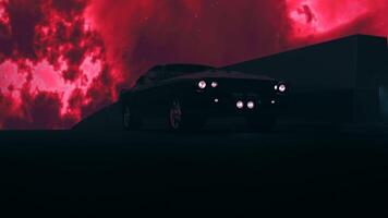 Abstract dark street and driving passenger car on a red apocalyptic sky background. Design. Beautiful car moving fast along fence at night on a cloudy hell sky background. video
